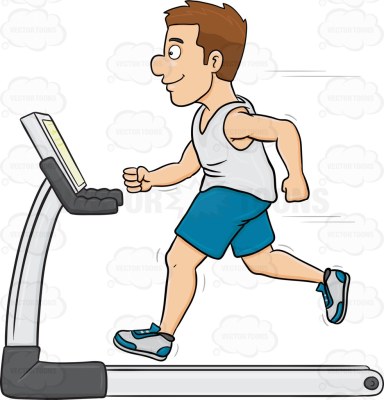 Cartoon image of a man with brown hair and wearing white sleeveless shirt paired with blue shorts and white rubber shoes with blue accent running and using a fitness machine